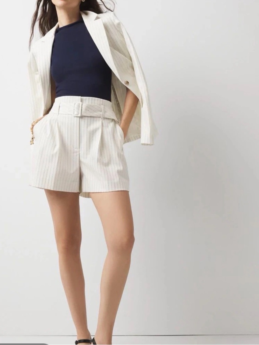 High-Waist Cream Pinstripe Tailored Shorts